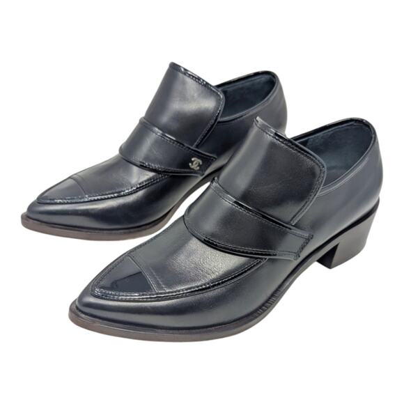 Chanel pointed toe loafers black leather chunky heel interlocking CC logo 36C - Picture 3 of 14